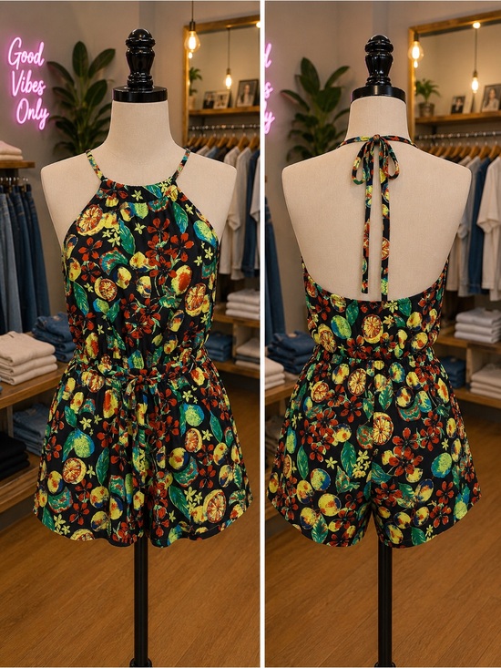 Free People Pants - Free People Black Romper with Bright Tropical Floral Print